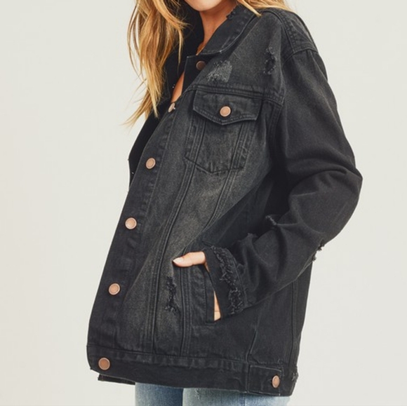 RISEN Distressed Cotton Torn Denim Jean Jacket Long Sleeve Black Button Collar - Picture 12 of 16